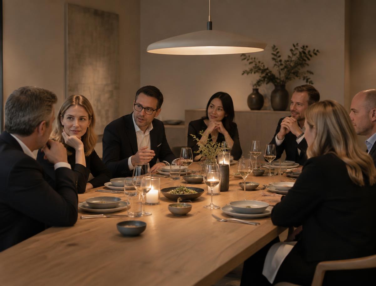 An executive dinner in a minimal Scandinavian private dining room